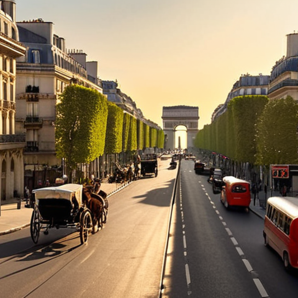 **

"A panoramic view of the Champs-Élysées during the Belle Époque. Elegant Parisian buildings with wrought-iron balconies line the avenue. In the distance, the Arc de Triomphe stands majestically. Capture the atmosphere of optimism and prosperity of the era, with horse-drawn carriages and stylishly dressed people strolling along the street. Golden hour lighting."

**