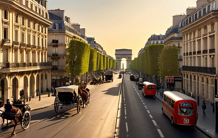 **

"A panoramic view of the Champs-Élysées during the Belle Époque. Elegant Parisian buildings with wrought-iron balconies line the avenue. In the distance, the Arc de Triomphe stands majestically. Capture the atmosphere of optimism and prosperity of the era, with horse-drawn carriages and stylishly dressed people strolling along the street. Golden hour lighting."

**