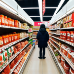 **A vibrant Korean grocery store in Paris (like K-Mart), shelves overflowing with kimchi varieties, gochujang, ramen, and other authentic Korean ingredients. Shoppers browse the aisles.**