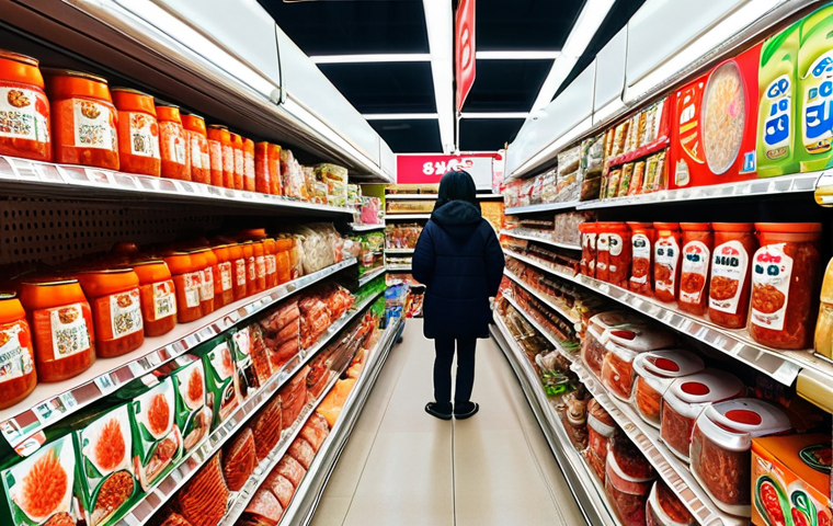 **A vibrant Korean grocery store in Paris (like K-Mart), shelves overflowing with kimchi varieties, gochujang, ramen, and other authentic Korean ingredients. Shoppers browse the aisles.**