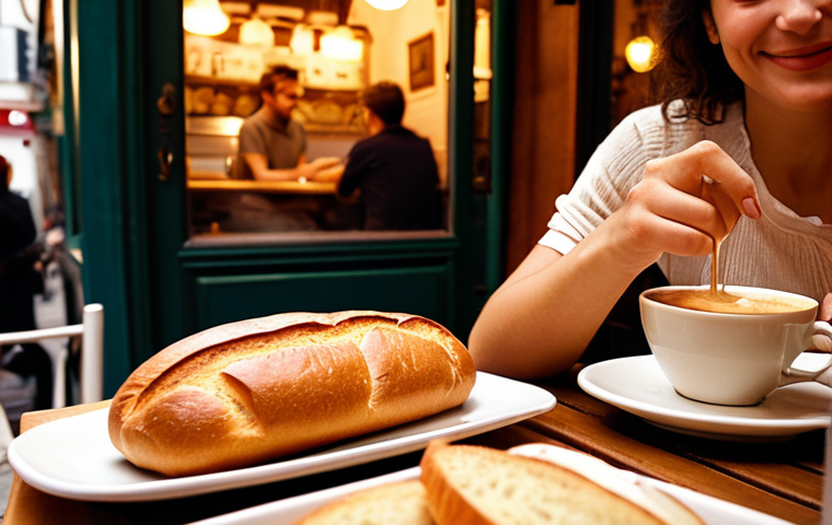 **A cozy Parisian café scene, with people enjoying "pão" (bread) and "café au lait". Focus on the warm lighting and inviting atmosphere, emphasizing the pleasure of simple French delights.** (This prompt is based on the mentioned "pain" (bread) and aims for a common French cultural experience familiar to Portuguese speakers.)
