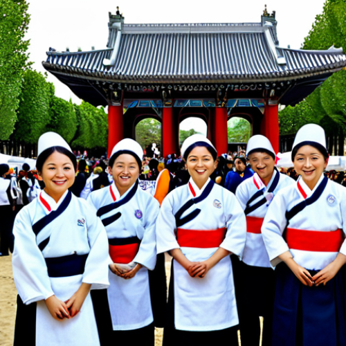 Home 28 Korean Community Event in Paris**
"A vibrant, safe for work scene at a Korean cultural festival in Paris. People of all ages are enjoying traditional Korean food, music, and dance. The background features iconic Parisian architecture blended with Korean decorations. Everyone is fully clothed in appropriate, modest attire. Perfect anatomy, correct proportions, natural pose, high quality, professional photography, family-friendly, appropriate content."
**