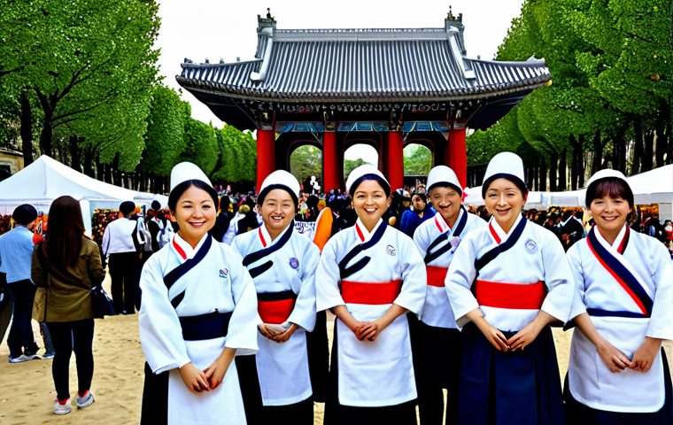 Korean Community Event in Paris**

"A vibrant, safe for work scene at a Korean cultural festival in Paris. People of all ages are enjoying traditional Korean food, music, and dance. The background features iconic Parisian architecture blended with Korean decorations. Everyone is fully clothed in appropriate, modest attire. Perfect anatomy, correct proportions, natural pose, high quality, professional photography, family-friendly, appropriate content."

**