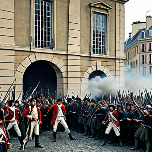 Home 27 The Storming of the Bastille**
"A historical scene depicting the storming of the Bastille, fully clothed revolutionaries, modest attire, Parisians fighting for freedom, French Revolution era, safe for work, appropriate content, perfect anatomy, correct proportions, natural pose, detailed background, high quality, professional."
**