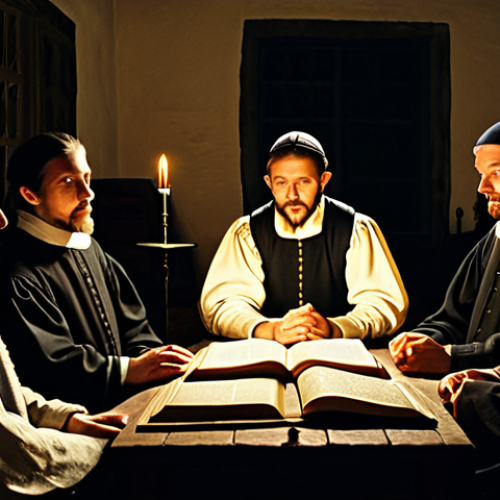 Home 14 The Huguenot Bible Study**
"A group of fully clothed Huguenots, men, women, and children, gathered in a simple, dimly lit room for Bible study, modest clothing, candlelight illuminating their faces, appropriate attire, safe for work, perfect anatomy, natural proportions, historical illustration, 16th century France."
**