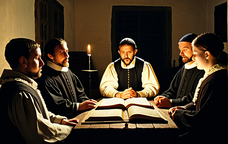 The Huguenot Bible Study**

"A group of fully clothed Huguenots, men, women, and children, gathered in a simple, dimly lit room for Bible study, modest clothing, candlelight illuminating their faces, appropriate attire, safe for work, perfect anatomy, natural proportions, historical illustration, 16th century France."

**