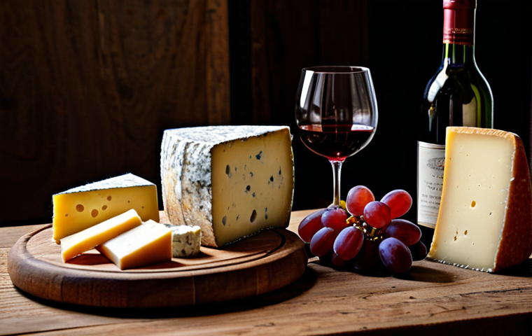 Artisanal Cheese Tasting**

A rustic wooden table laden with various French cheeses (Comté, Roquefort), grapes, and a bottle of red wine. Focus on the textures of the cheese and the warm lighting. *Safe for work, appropriate content, fully clothed, professional, perfect anatomy, correct proportions, natural pose, high quality, photorealistic.*

**