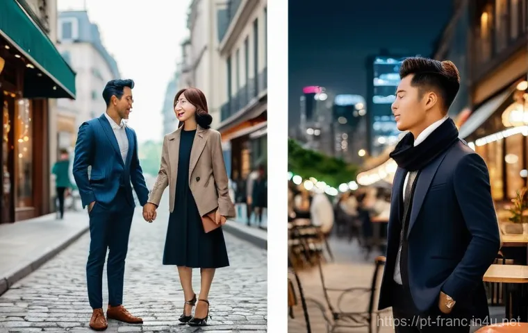 프랑스와 한국의 문화 차이 - **Prompt 1: Cultural Greetings in a Modern Cityscape**
    "A split image depicting two contrasting ...