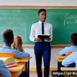 프랑스의 언어 정책과 프랑스어 보호 - A modern French classroom scene featuring diverse students aged around 12-15, attentively learning F...