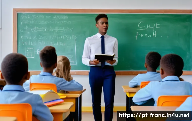 프랑스의 언어 정책과 프랑스어 보호 - A modern French classroom scene featuring diverse students aged around 12-15, attentively learning F...