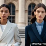 프랑스에서 유명한 디자이너들 - A sophisticated Parisian fashion scene showcasing elegant models wearing minimalist, high-end cashme...