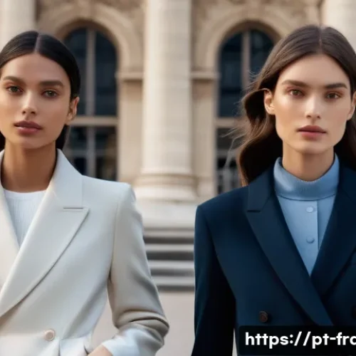 프랑스에서 유명한 디자이너들 - A sophisticated Parisian fashion scene showcasing elegant models wearing minimalist, high-end cashme...