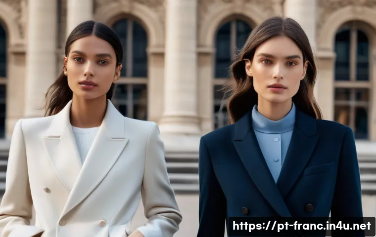 프랑스에서 유명한 디자이너들 - A sophisticated Parisian fashion scene showcasing elegant models wearing minimalist, high-end cashme...