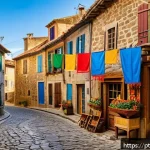 프랑스의 지역별 역사적 특징 - A charming medieval village scene in Occitania featuring narrow cobblestone streets winding between ...