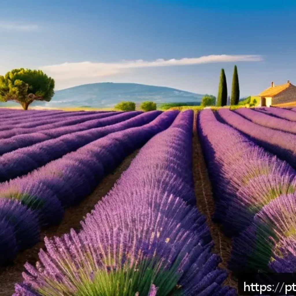 프로방스 라벤더 밭 방문 팁 - A panoramic view of vibrant lavender fields in Provence during mid-June, under a clear blue sky at g...