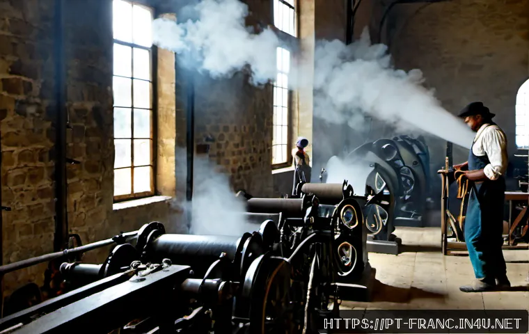 프랑스 산업혁명과 경제 변화 - Photorealistic 19th-century French industrial revolution textile mill interior, diverse factory work...