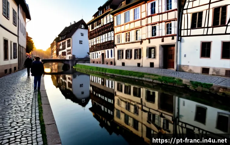 Home 17 스트라스부르 유네스코 문화유산 - Photorealistic wide-angle view of Strasbourg’s historic Grande Île at sunrise, half-timbered houses ...