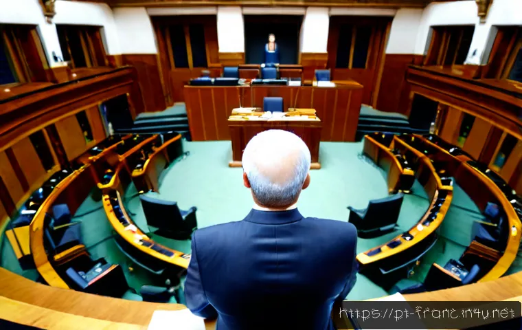 프랑스 현대 정치사 개요 - Photorealistic wide-angle view of the French National Assembly chamber in Paris during a modern parl...