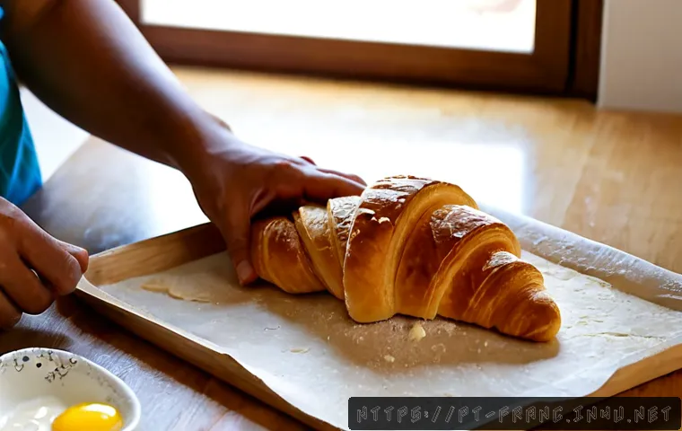 크루아상과 바게트 만드는 법 - Photorealistic artisanal croissant-making scene in a bright Portuguese home kitchen, close-up of ski...